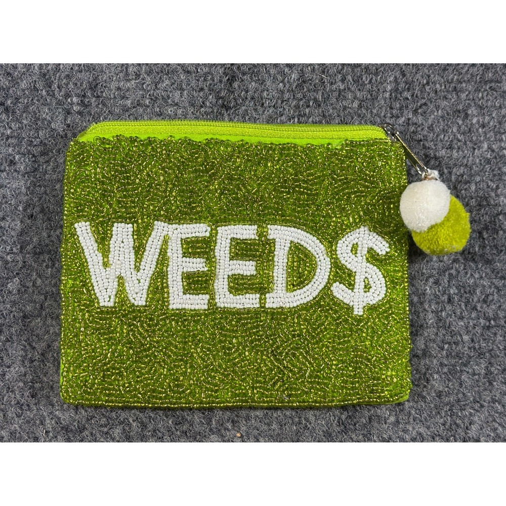 Beaded WEED$ Coin Purse Lime Green Novelty Zipper Pouch LAC-CP-1320